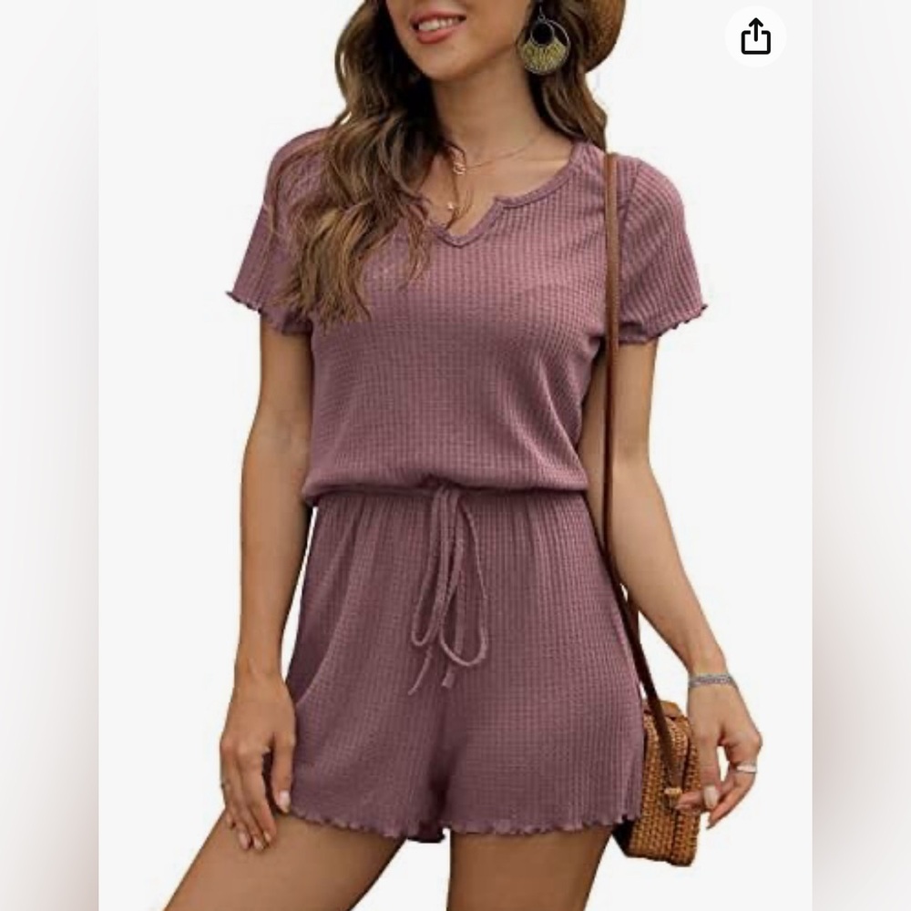 IWOLLENCE Women's Waffle Knit Romper Ruffle T Short Sleeve Drawstring Jumpsuit